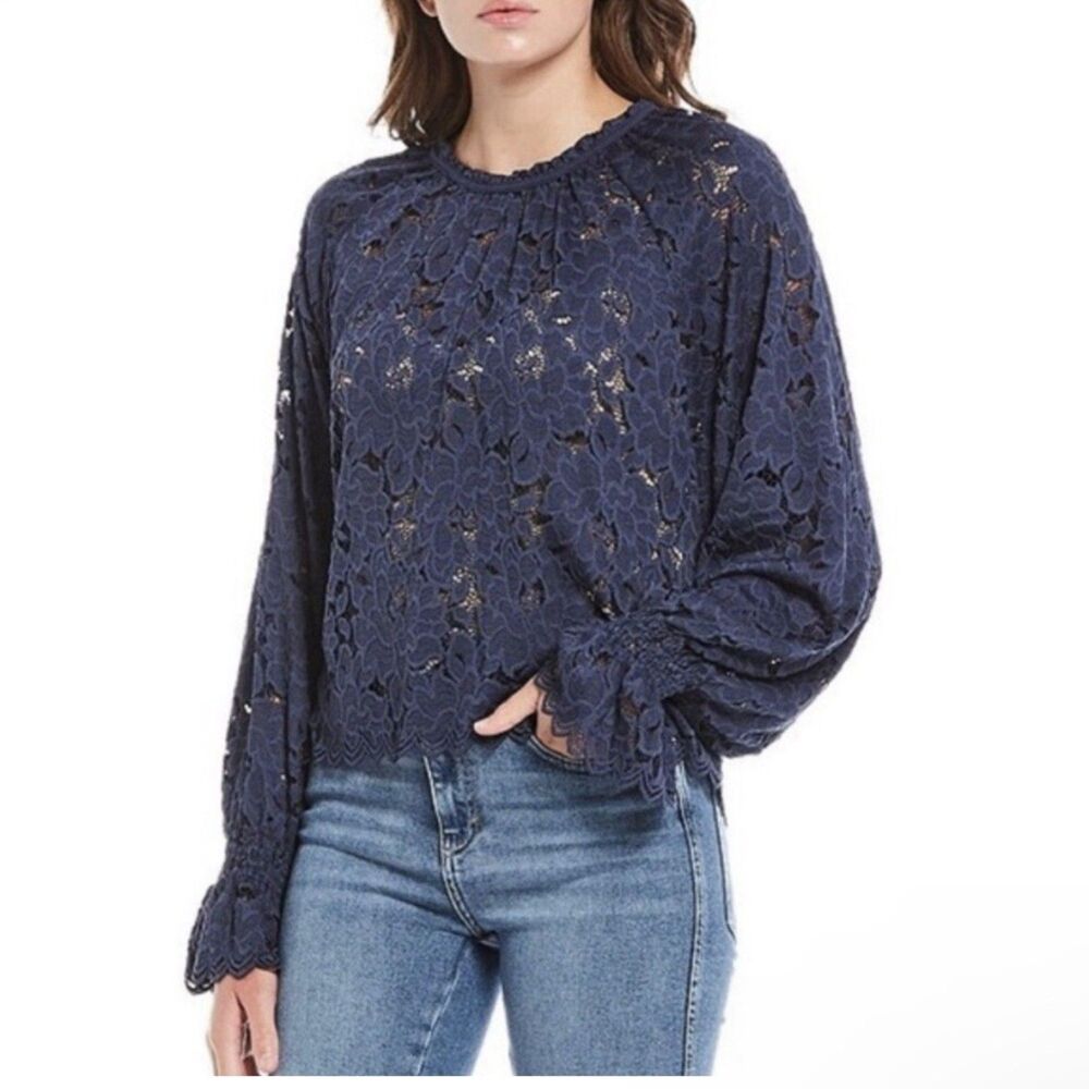 Free People Olivia Lace Floral Top Women's XS Navy Blue Peasant Sheer Cottage